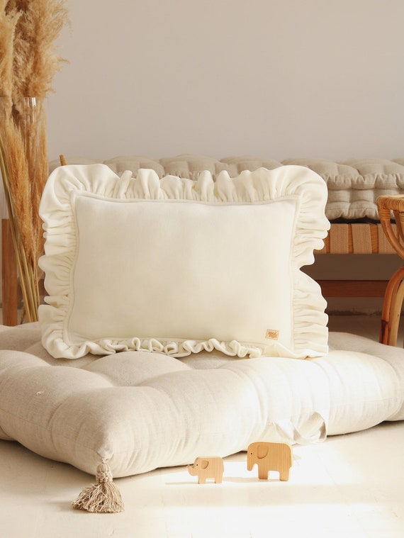 Soft Velvet Pillow With Frill “white”, Decorative Pillow, Velvet