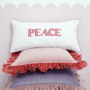 Decorative pillowcase with a pink embroidered inscription Peace, romantic gift for her, cushion for girl bedroom, pink home decor image 2