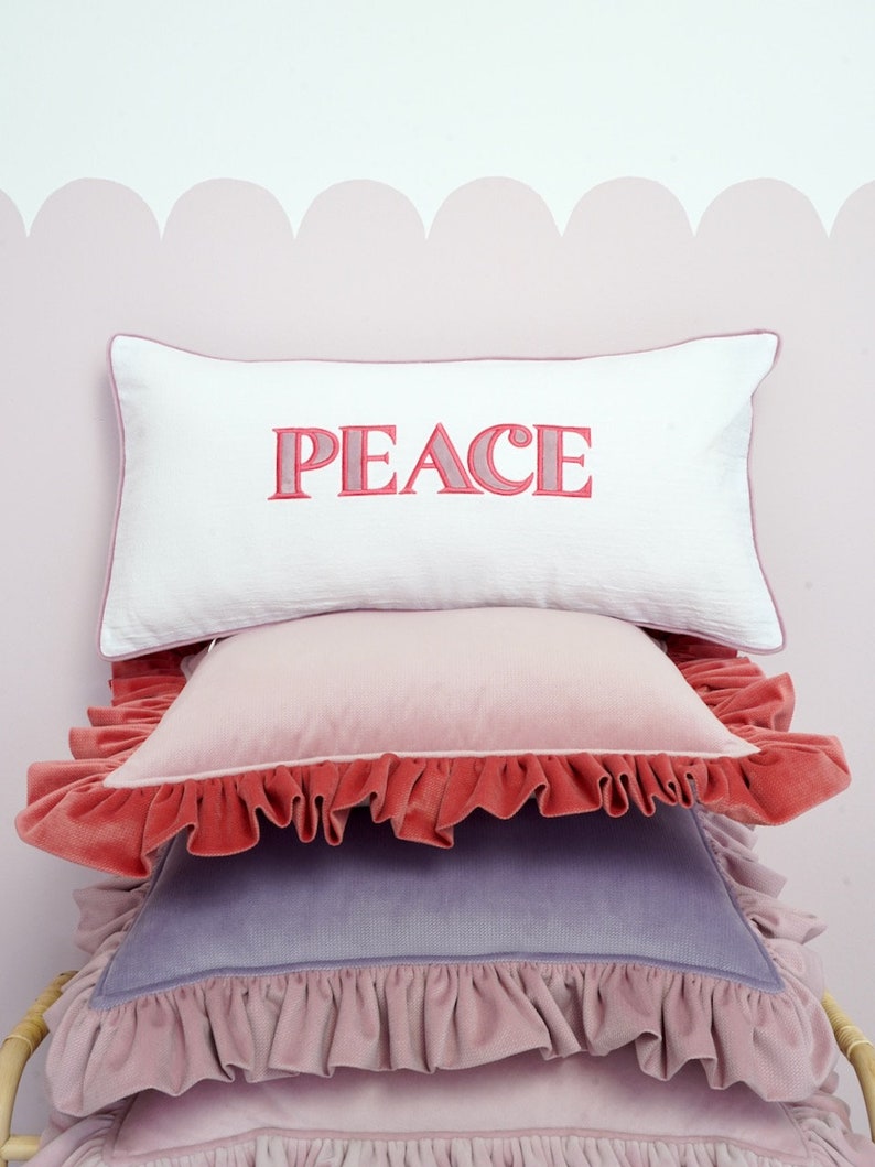 Decorative pillowcase with a pink embroidered inscription Peace, romantic gift for her, cushion for girl bedroom, pink home decor image 2