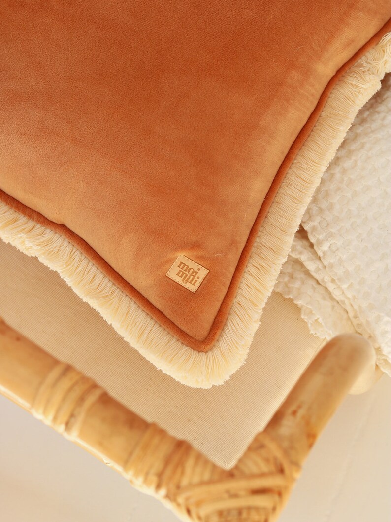 Caramel Soft Velvet Cushion with Fringe - Thumbnail 4