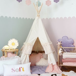 Set Teepee tent with mat &quot;Forget-me-not&quot; room idea for girl, teepee with frills, idea for eastern gift, tent with ruffles, floral home decor