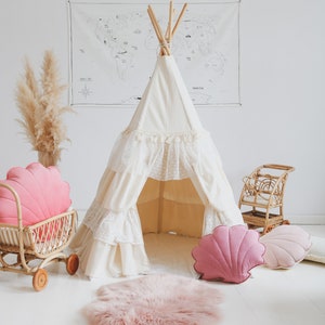Teepee “Shabby Chic” with Frills and linen leaf mat "White", Gift for kids, Teepee tent for kids,Kids play tent, Kids room, Handmade