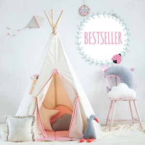 Teepee with Pompoms and Mat Set “Fluffy Pompoms”, Gift for kids, Teepee tent for kids, Handmade, Teepee tent with mat, Teepee tent for girl
