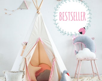 Teepee with Pompoms and Mat Set “Fluffy Pompoms”, Gift for kids, Teepee tent for kids, Handmade, Teepee tent with mat, Teepee tent for girl