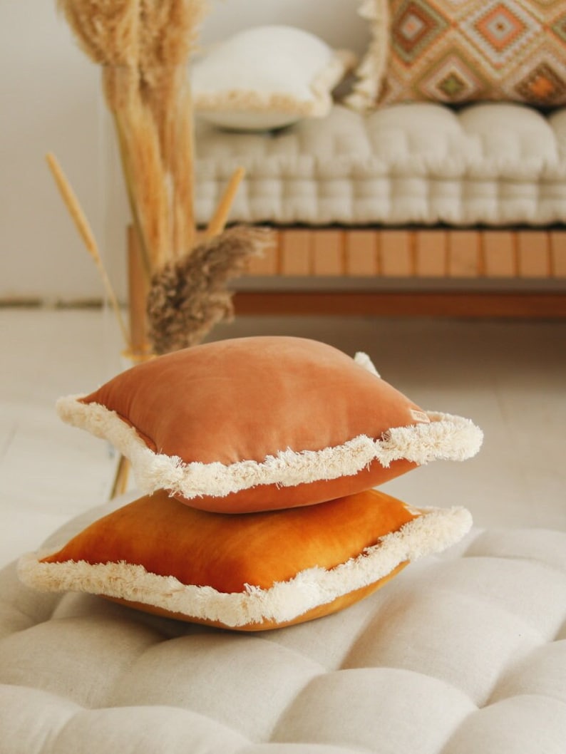 Caramel Soft Velvet Cushion with Fringe - Thumbnail 3