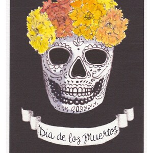 Dia de los Muertos hand colored print of original artwork -  Day of the Dead Skull Calavera with Marigolds OOAK