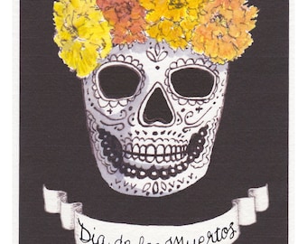 Dia de los Muertos hand colored print of original artwork -  Day of the Dead Skull Calavera with Marigolds OOAK