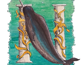 N is for Narwhal - Illuminated Letter - Under the Sea - Marine Mammal