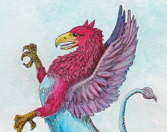 May include: Watercolor painting of a mythical creature, a griffin, with a red and purple body, blue wings, and a long tail. The griffin is standing on its hind legs with its front paws raised.