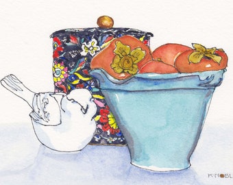 Persimmons in a Blue Bowl Watercolor Painting
