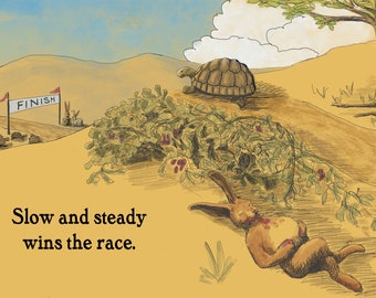 Print of Aesop's fable, The Tortoise and the Hare. Moral: Persist