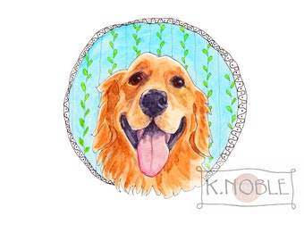 Smiling Golden Retriever Original Watercolor Pen and Ink  Drawing, Whimsical Painting for Dog Lovers