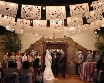 Wedding Papel Picado Decorative Garland Tissue / Plastic Mexican Banner Bridal Shower Anniversary Decor Fiesta Backdrop Papelpicado white