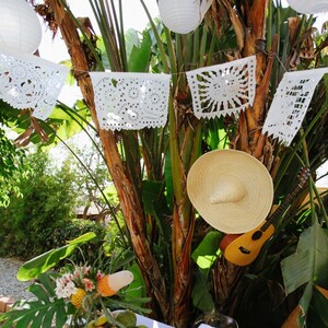 May include: A white tablecloth with a black and white striped runner covers a table set for a party. The table is decorated with a centerpiece of fruit, a straw hat, and a guitar. White paper lanterns hang from the branches of a palm tree overhead.