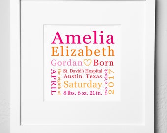 Baby Gift / Personalized Birth Stats Gift / Nursery Art / Gift for Mom / Birth Stats Wall Art  / Baby Girl Gift / Baby Boy Gift