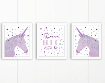 Nursery Decor -  Set of 3 Unicorn Printable Wall Art - Dream Big Little One - Instant Digital Download