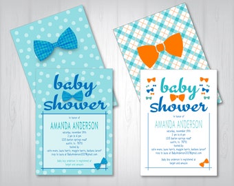 Baby Shower Invitations / Bow Tie Flat Card Design / 5" x 7" Double Sided / Digital / Boy Baby / Optional Book Request Section / Any colors