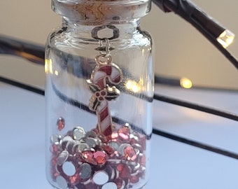 Christmas Tree Decoration, Candy Cane, Glass Jar decorations, Red Sparkles