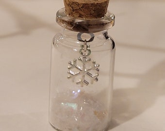 Christmas Tree Decoration, glass vial with fake snow, snowflake charm.  Hanging decoration.