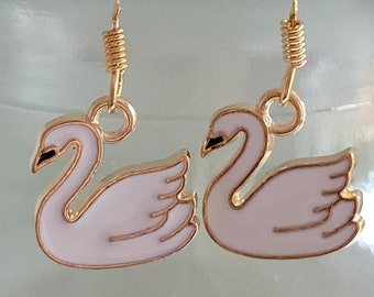 White swan earrings, Gold coloured sterling silver hooks, Dangly earrings, Mothers Day Gifts, Teacher Gifts