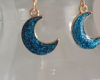 Blue sparkly moon crescent earrings, sterling silver gold coloured earring hooks