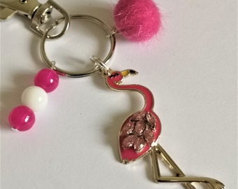 Flamingo keyring, cerise pink, with pom pom charm, handbag charm