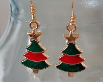 Christmas Tree Earrings, Red and Green Christmas tree charm, gold coloured sterling silver earring hooks, Christmas jewellery, Xmas earrings