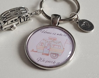 Caravan Keyring, Home is where we park it.  Caravan and heart charm