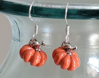 Pumpkin Earrings, orange pumpkin earrings, Sterling silver earring hooks