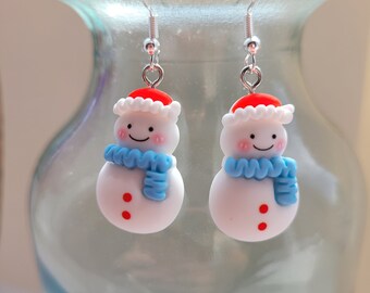 Snowman Earrings, White snowman, sterling silver. Christmas Earrings