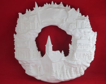 Ceramic Christmas Village Wreath, Ceramic Church Wreath, Ceramic Village Decoration, Ceramic Village Wreath, Wreath Decoration, Village