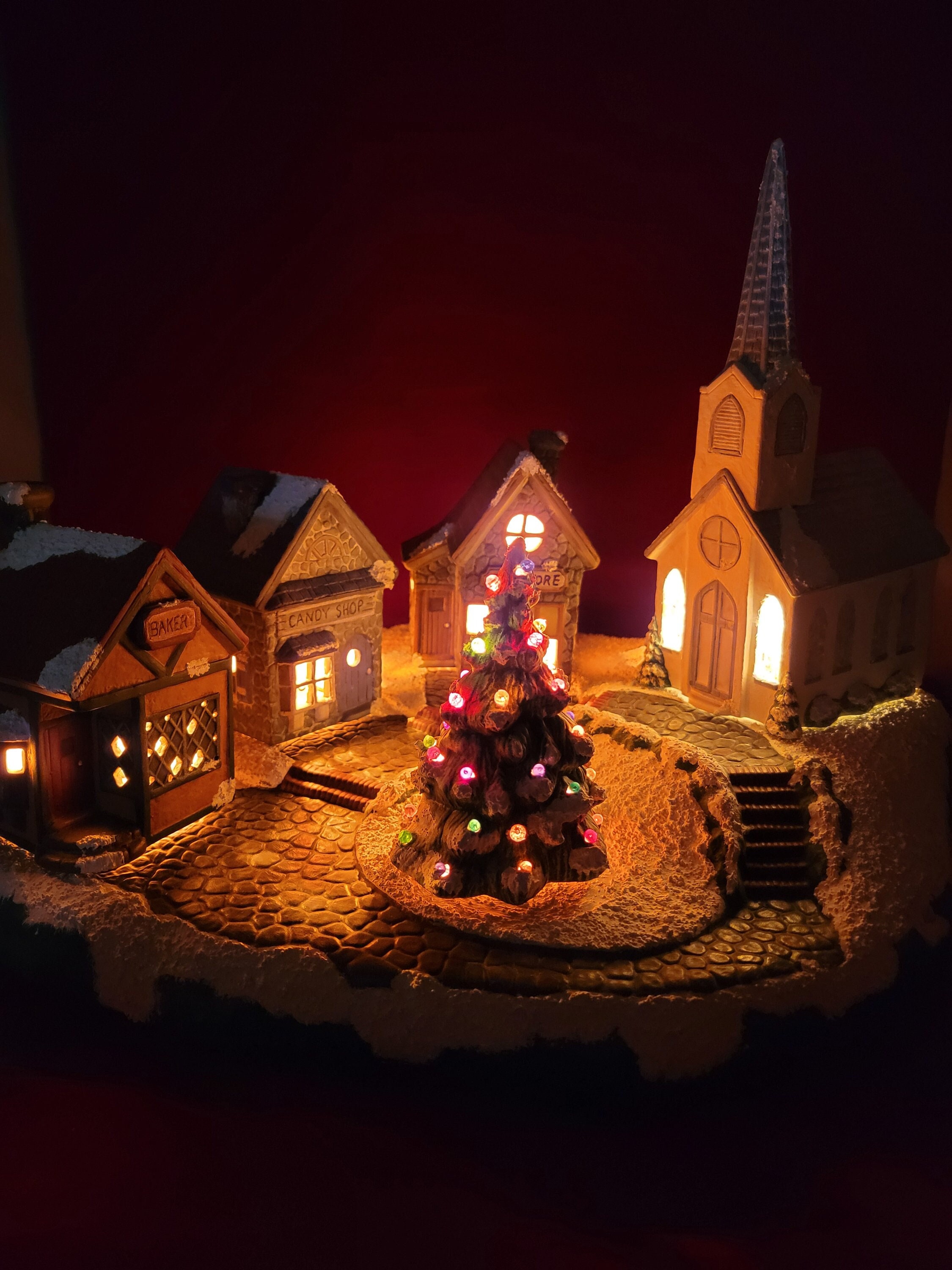 2 Vintage Christmas Village Ceramic Brick House Decorative Hand Painted #2
