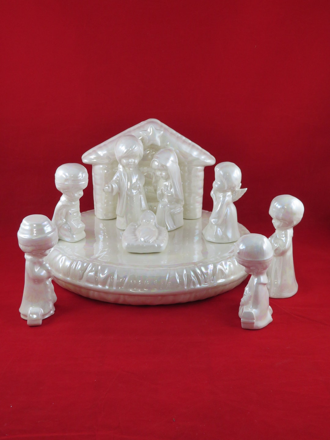 Ceramic Nativity Set, Ceramic Mother of Pearl Nativity Scene 10 Pieces