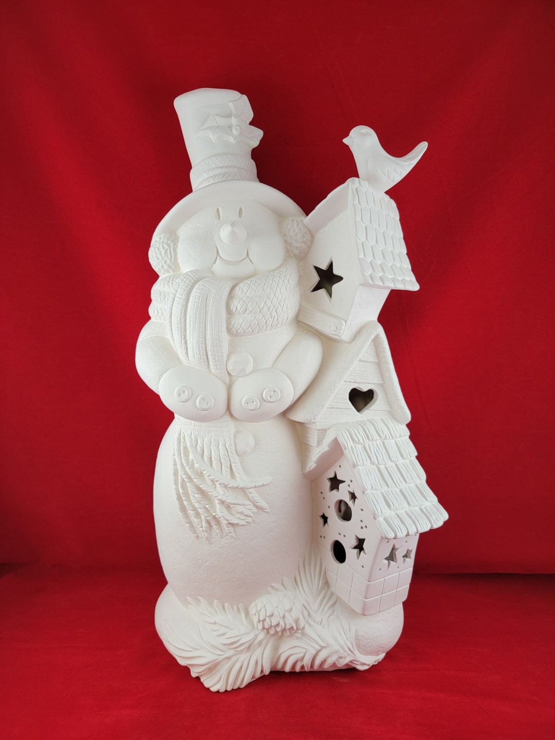 Ceramic Snowman With Birdhouses, Large Ceramic Snowman, Ready to Paint Snowman, Ceramic Bisque