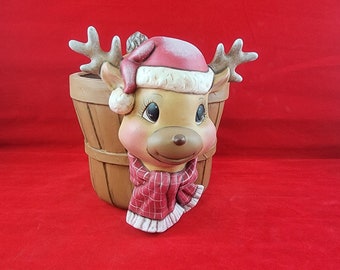 Ceramic Reindeer Basket, Ceramic Christmas Basket, Ceramic Deer Basket, Cute Deer Basket, Christmas Decoration, Reindeer decor, cute deer