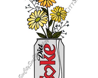 Diet Coke Druckbare Kunst, Diet Coke Stillleben mit Blumen Kunst