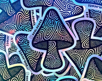 Holographic mushroom sticker, trippy rainbow sticker