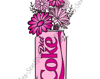 Pink Diet Coke Printable Wall Art, Diet Coke still life with flowers art