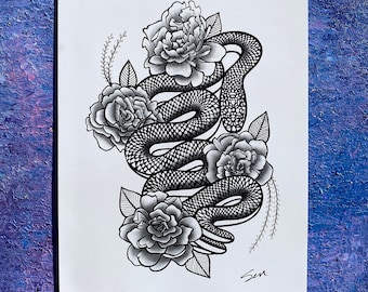 Snake and Roses art, American Traditional Wall Art, Tattoo style art, Black and White print
