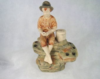 Weller Muskota Boy Fishing Flower Frog Figurine 1920 Art Pottery Vintage MINT