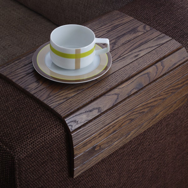 Brown Ash Wood Sofa Tray Table - Handmade Couch Armrest Table