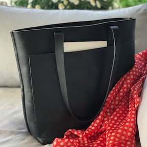Black Leather tote bag with large outside pocket. Cap Sa Sal Bag. Handmade.