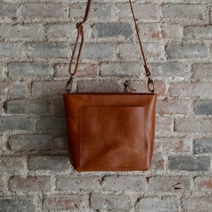 Small COGNAC / TAN Crossbody leather bag with outside pocket and Zipper. Handmade. image 1