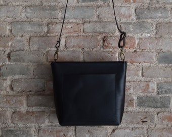 Crossbody leather bag with outside pocket and Zipper. Leather purse. Small Cap Sa Sal Bag in Black Leather. Handmade.