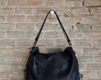 Backpack - Convertible Bag - Oversized - Crossbody bag in Black leather - Handmade - 3 in 1 - Large Donos backpack