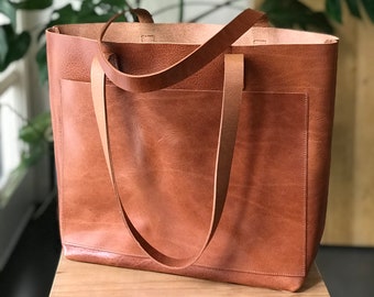 Tan / Cognac Leather tote bag with large outside pocket. Cognac Tan Cap Sa Sal Bag. Handmade.