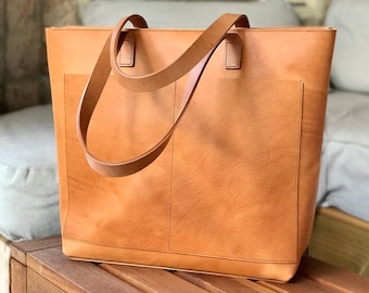 Oversized Camel Leather tote bag with outside pockets. Cap Sa Sal Bag. Handmade.