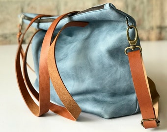 Large Blue Leather bag with zip and inside lining. Handmade. Minimalist leather bag.