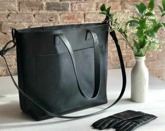 Oversized Black Leather tote bag with outside pockets. Cap Sa Sal Bag. Handmade.