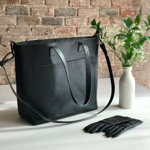 Oversized Black Leather tote bag with outside pockets. Cap Sa Sal Bag. Handmade.